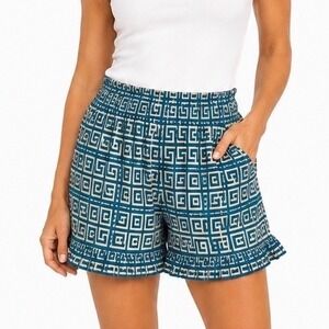 Olivia James Blue White Geometric Smocked Ruffle Cotton Shorts Large